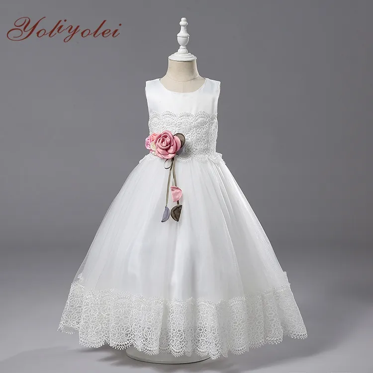 Vestido longo de baile para meninas, branco com flor para meninas para baile formatura