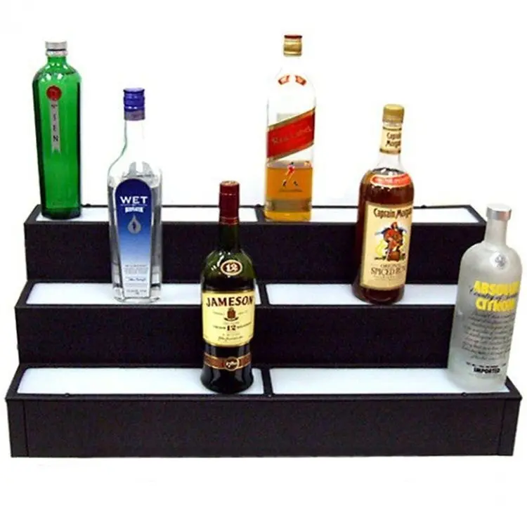 Plexiglass Hotel Ambiance Decor Black Perspex Liquor Bottle Stand 4 Tier Acrylic LED Lighted Bottle Display Shelf