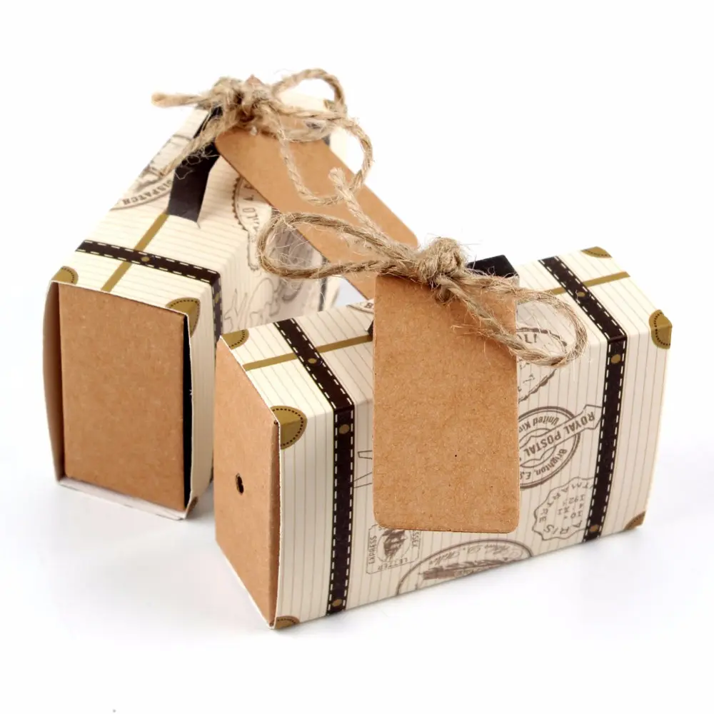 Vendita calda del regalo scatola di imballaggio mini vintage valigia kraft contenitore di caramella con tag all'ingrosso