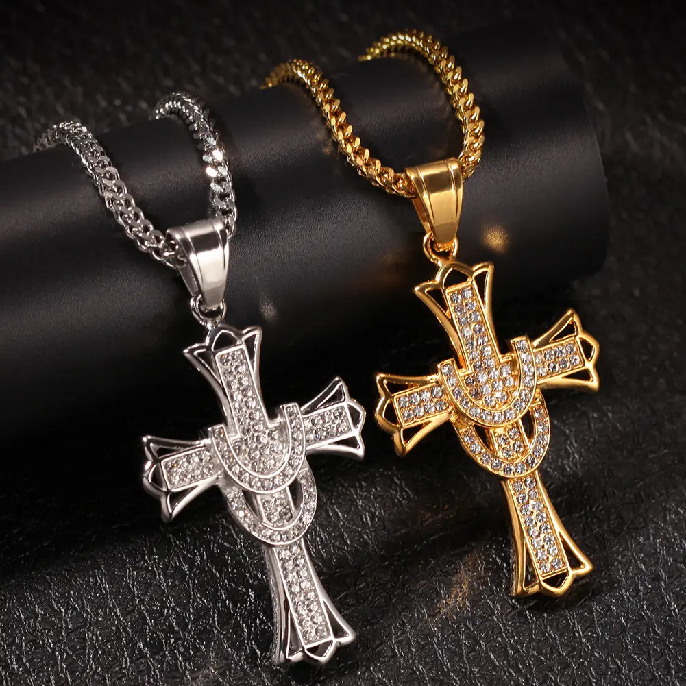 Croce Gli Uomini Oro Argento Chiave di Vita Egiziano di Fascino Del Pendente Del rhinestone Della Collana di Hip Hop Dei Monili di Bling Iced Out Catena croce gioielli