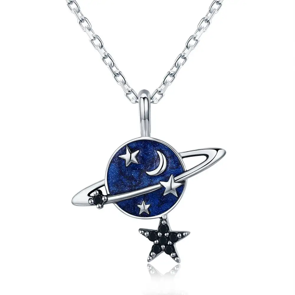 925 en Argent Sterling Bleu Planète Pendentif Collier Charme Lune Étoiles Bijoux