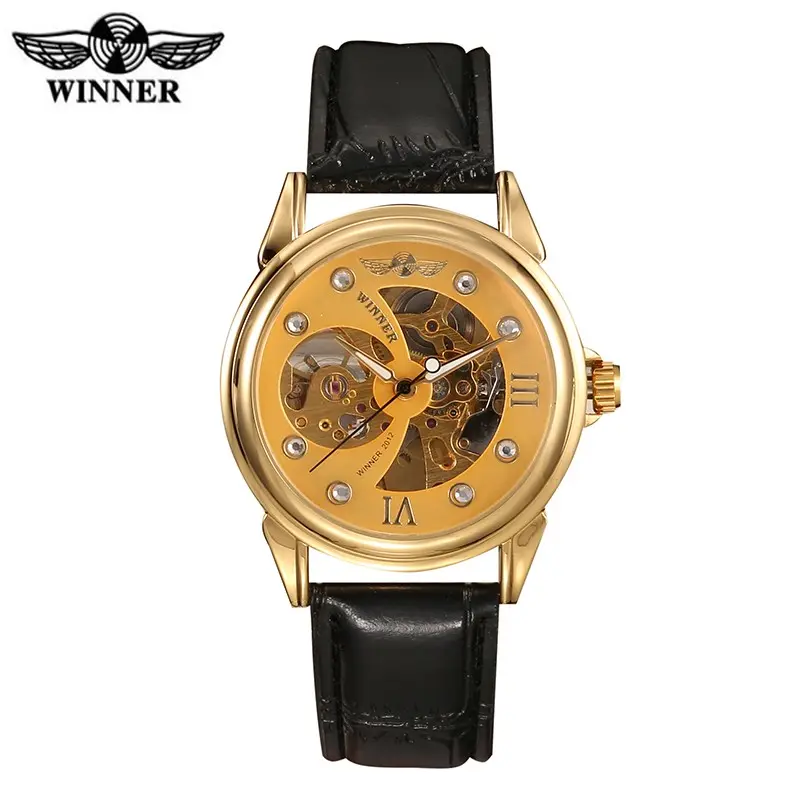 Ganador Relojes hombres de buena calidad de bajo precio mano viento reloj mecánico hombre de lujo negro oro caso reloj esqueleto