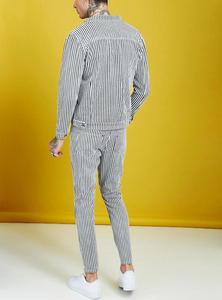 来样定做男士春秋服装棉扣黑白条纹印花设计师牛仔夹克
