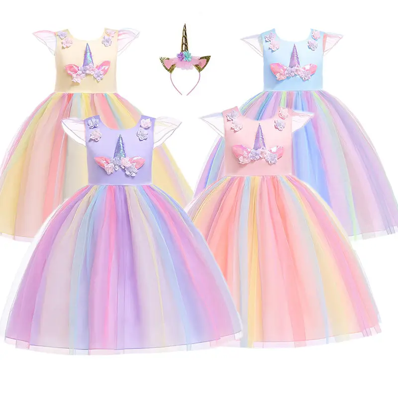 Vestido de princesa de fiesta de unicornio para niños, vestidos de flores para niñas, vestido de fiesta de boda