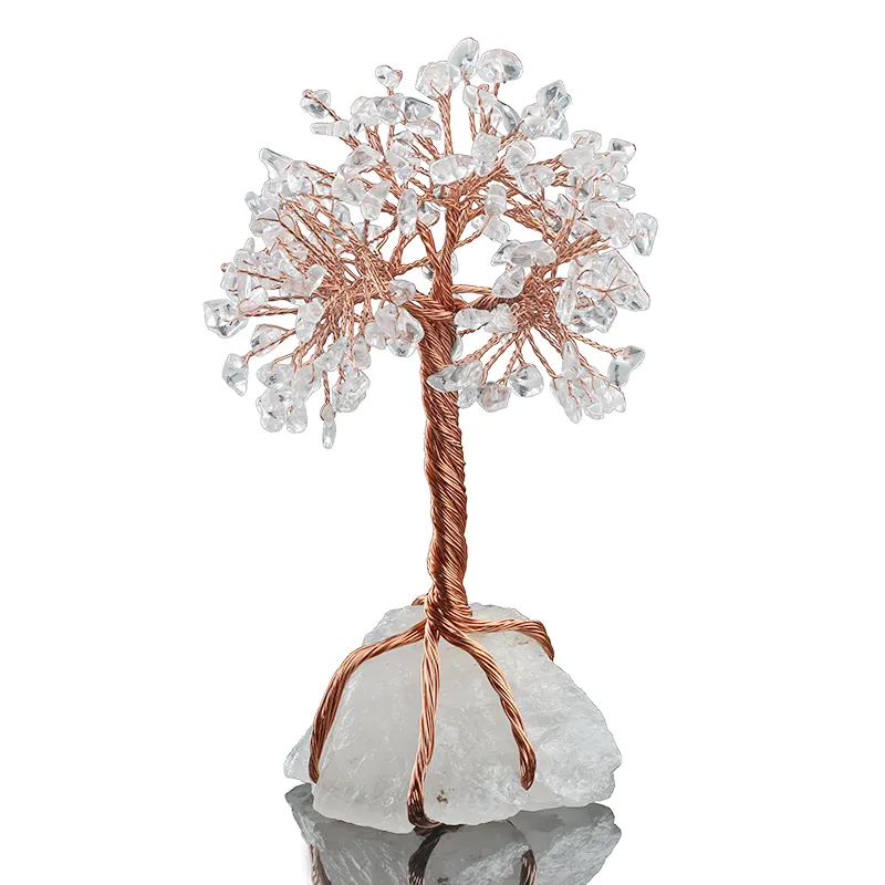 Cura Pedra Preciosa de Cristal Branco Da Árvore, Árvore Bonsai Feng Shui, árvore de fio de latão feito à mão multi cor com base de pedra natural
