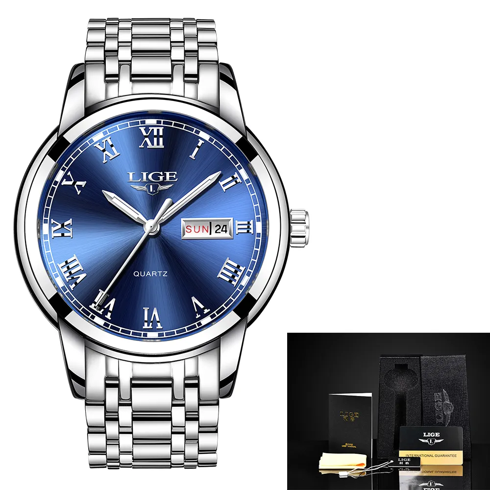 LIGE-reloj analógico de lujo para hombre, resistente al agua, de pulsera, de cuarzo, de acero inoxidable, para deporte, 9846