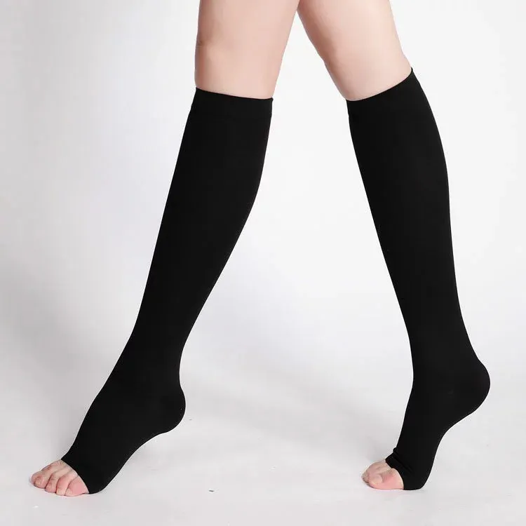 Moda na altura do joelho meias de alta tubo de compressão 20-30mmHg mulheres do dedo do pé aberto meias de compressão médica