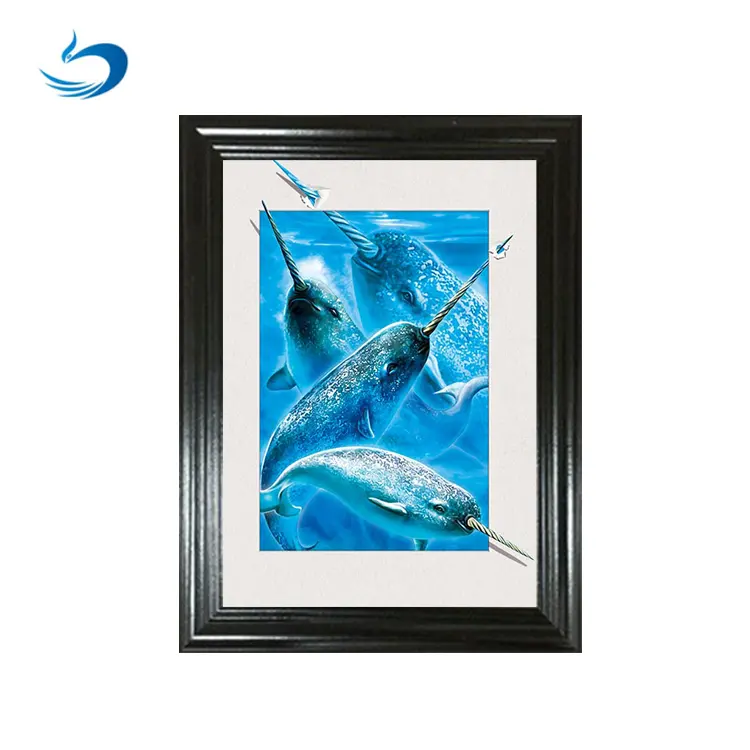 Affiche circulaire 5d de dauphin, mur décoratif en 3d de la vie de mer avec cadre MDF