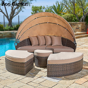 Outdoor <strong>Patio</strong> Sofa Furniture <strong>Round</strong> Retractable Canopy Daybed Brown Wicker Rattan - Product Image 4