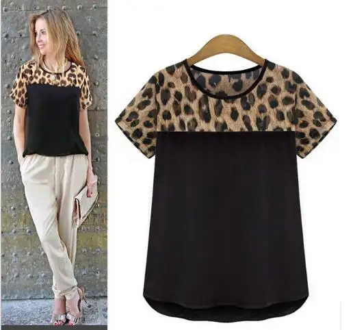 Blusa de chifón de manga corta con estampado de leopardo para mujer