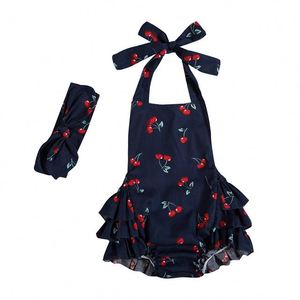 可爱的夏季无袖女婴衣服吊带紧身衣连身衣棉质连体衣与头带