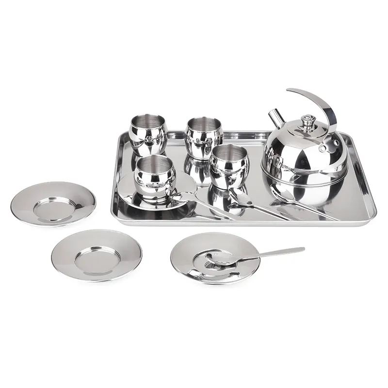 Trend Amazon vendita calda Fingere giocano i bambini in acciaio inox tè del giocattolo del metallo tea set giocattoli del capretto del commercio all'ingrosso insiemi di tè