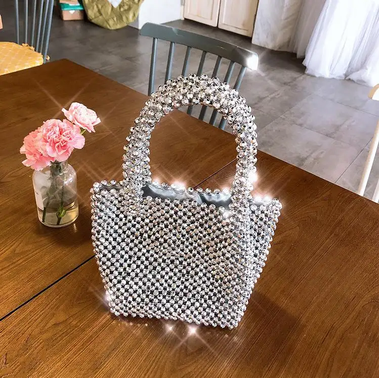 2019 ins de moda Plata Metálico bolso con cuentas bolso de embrague