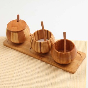 丸い竹の調味料ボックスセット、ふたとスプーンの竹の塩ボックスがセットされたキッチンソルトキャニスタースパイス缶 - Product Image 5