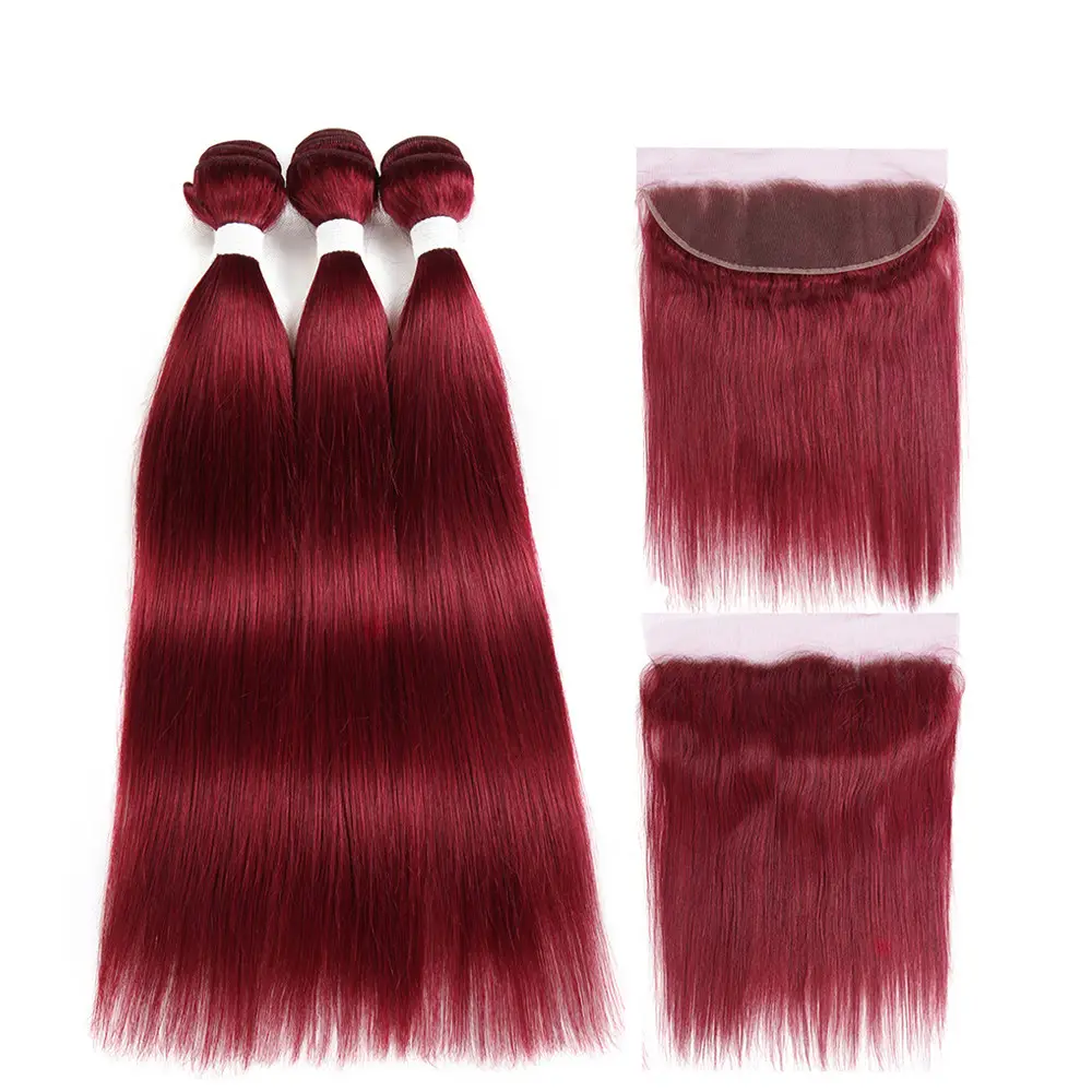 Шнурка с 99J/темно-красного цвета, прямые человеческие волосы на Трессах 2/3 пучки бразильских неповреждённых волос уток с закрытием