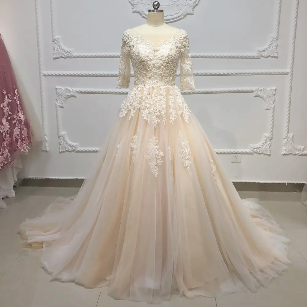 Champanhe vestido de noiva com apliques pérolas, decoração de linha a manga curta, vestido de noiva longo OWD-H2131