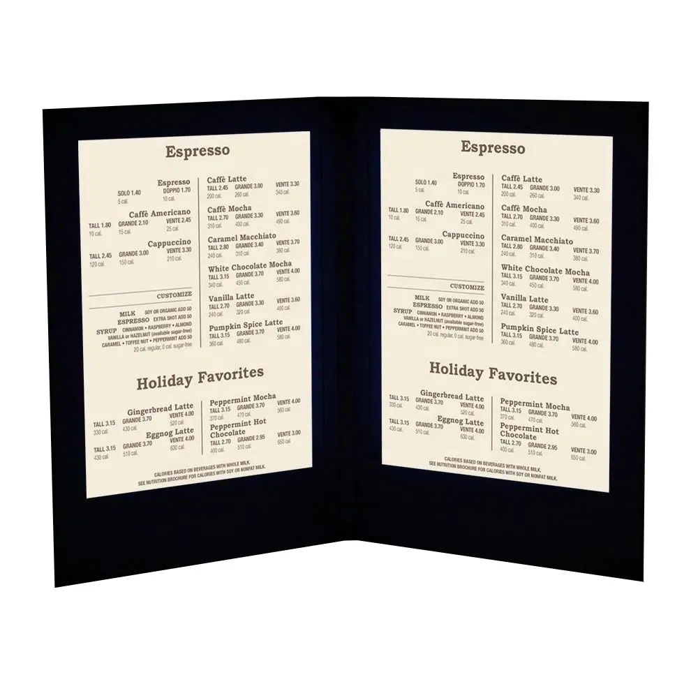Patent quality 2 panels 2 views standard LED menu cover M8511 in black PU without logo for A4 inserts
