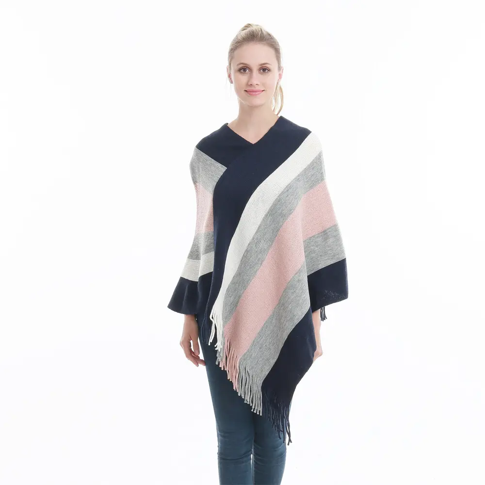 Frauen Großhandel Neue Mode Plus Größe Farbe Block Fransen Pullover Cape