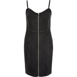 女性用スリムボディコンセクシー通気性黒デニムジップアップ<span class=keywords><strong>Pinafore</strong></span>ノースリーブミニデニムドレス2022年ファッション夏