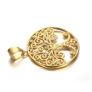 Hiphopメンズ18K Gold Stainless Steel Round Plate Crystal Life Tree Pendant Celtic Necklace Jewelry - Product Image 2