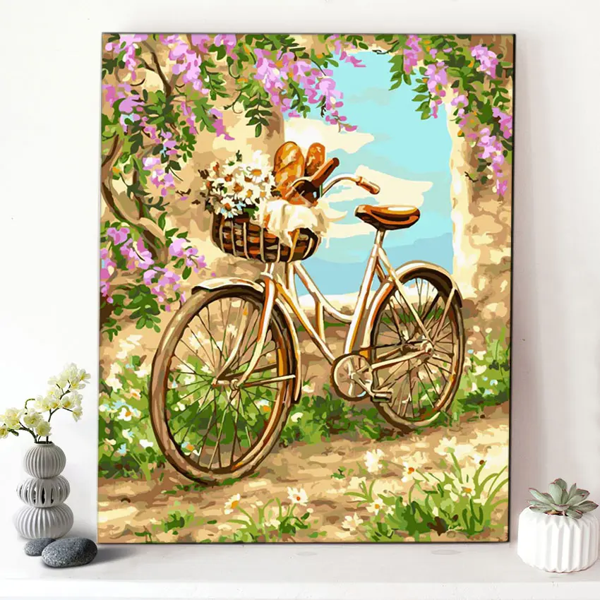 CHENISTORY DZ99813 pintura al óleo Diy por números flor romántica mar bicicleta sobre lienzo para Kits con marco