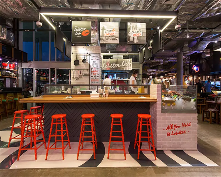 Bancone del negozio in legno chiosco cibo di strada in legno moderno cibo Design personalizzato chiosco centro commerciale Fast Food pannello interno 1 Set OEM/ODM