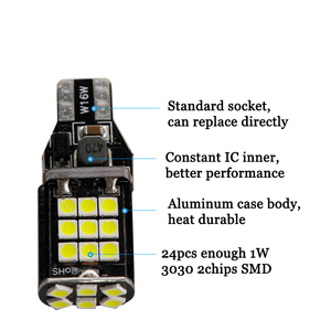 High電源Car Auto <span class=keywords><strong>LED</strong></span> Reverse Light T15 3030 <span class=keywords><strong>LED</strong></span> 24 SMD W16W CANBUS NO OBC ERROR <span class=keywords><strong>7W</strong></span> 0.57A Car Backup Tail Lamp