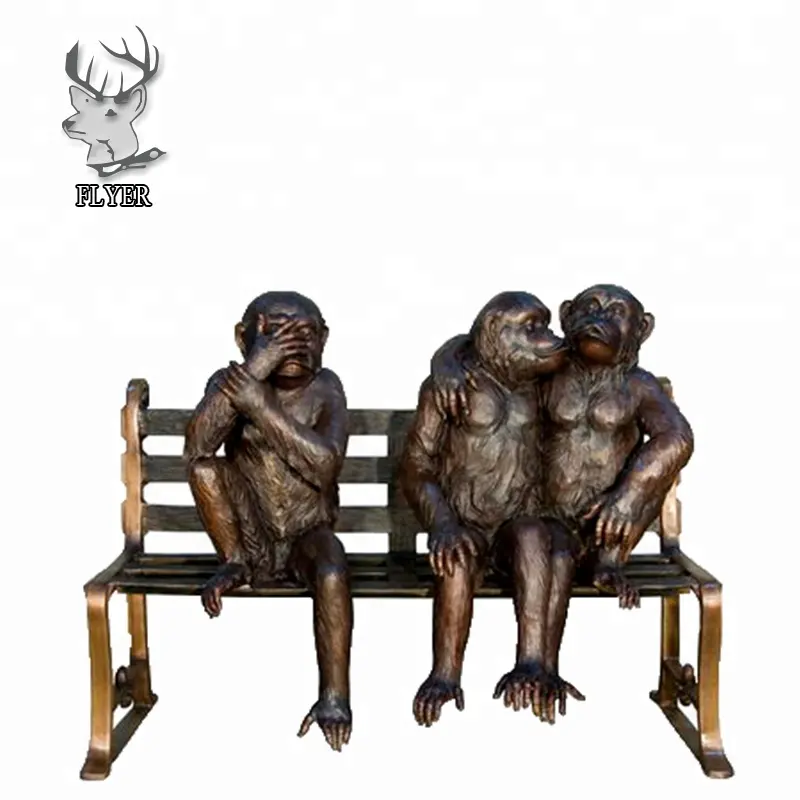 Leben größe garten bronze drei affe skulpturen auf der bank