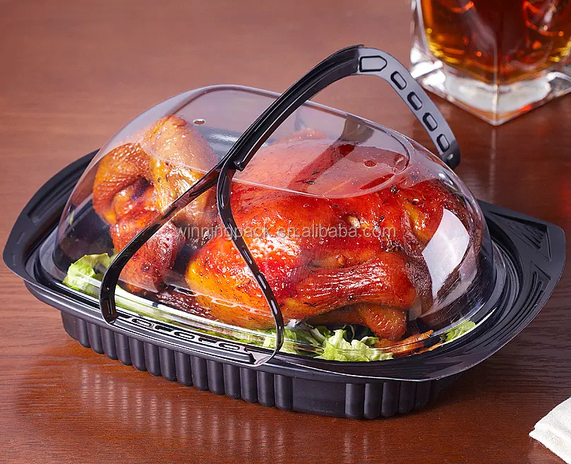 Caja de pollo desechable con asa, contenedor de plástico con tapa transparente