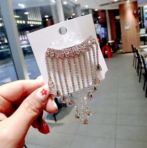 韩国新品牌设计闪亮流苏玻璃水钻发夹为妇女婚礼发饰长波西米亚风发夹