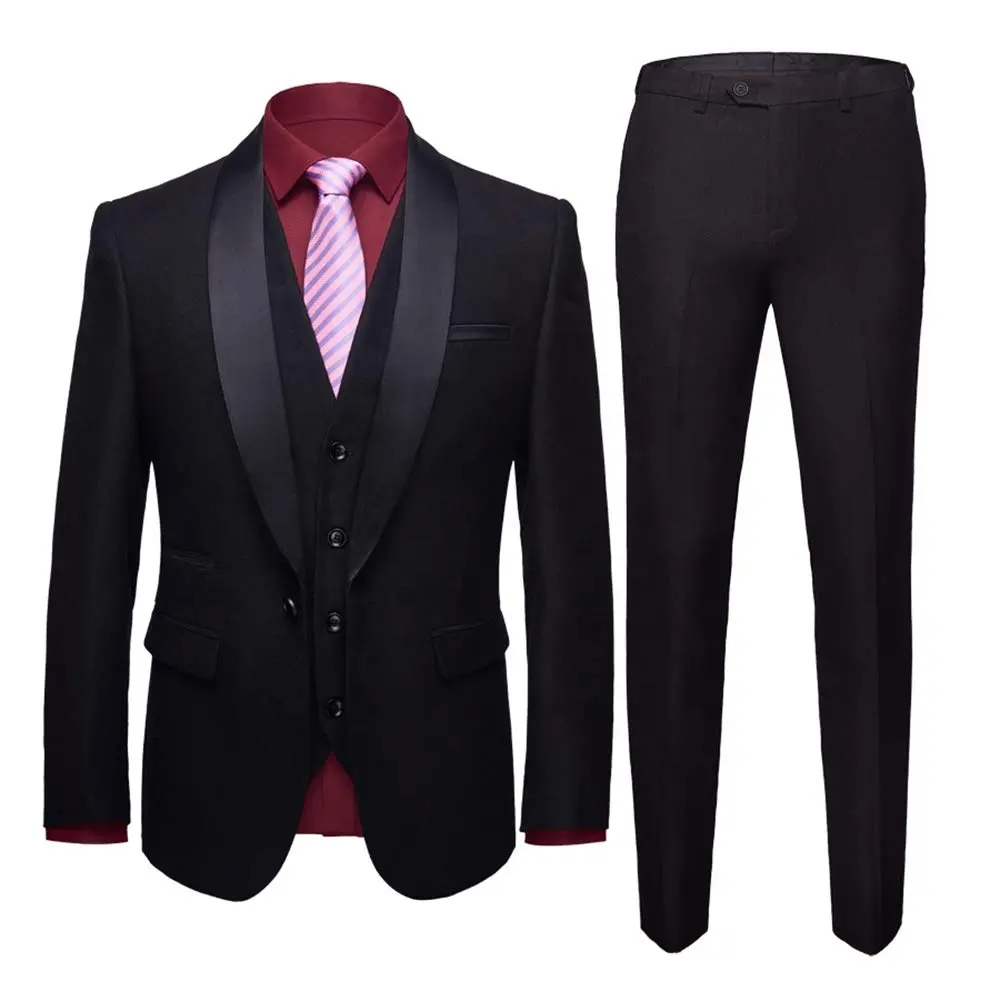 JACKETOWN Men's Shawl Lapel 3-Pieces Suit Slim Fit One Button Dress Suit Blazer Jacket Pants Tux Vest