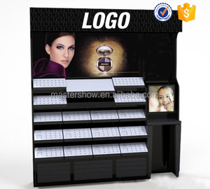 Soporte de exhibición acrílico de cosméticos de alta gama, con logotipo de luz LED, de metal