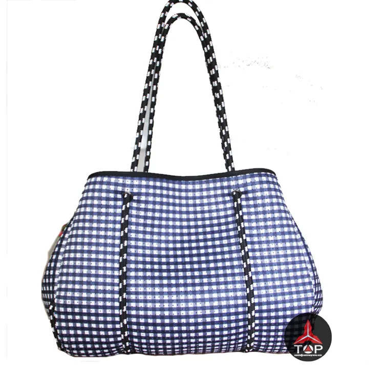 Moda Impressão Gingham Beach Handbag Lady Shopping Tote Com Punched Hole Bag Neoprene Perfurado Hand Bag