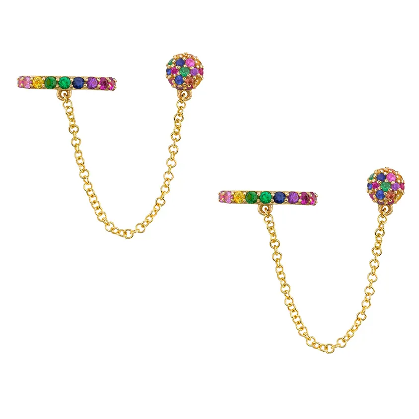 Pendiente de brazalete de cadena de color arcoíris de joyería fina chapada en oro para mujer 2024
