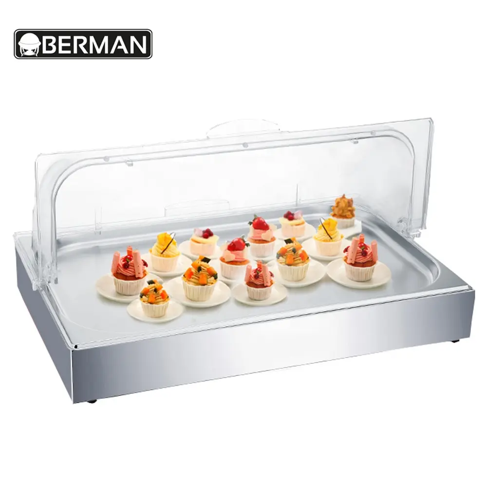 Berman buffet-expositor de alimentos de acero inoxidable, soporte de exhibición para macaron, escaparate frío para mantener la comida