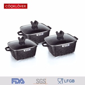 15ピース非スティック型ダイカストアルミ調理器具セットスクエアスープパンガラスのふた付き誘導対応スキレット揚げ物