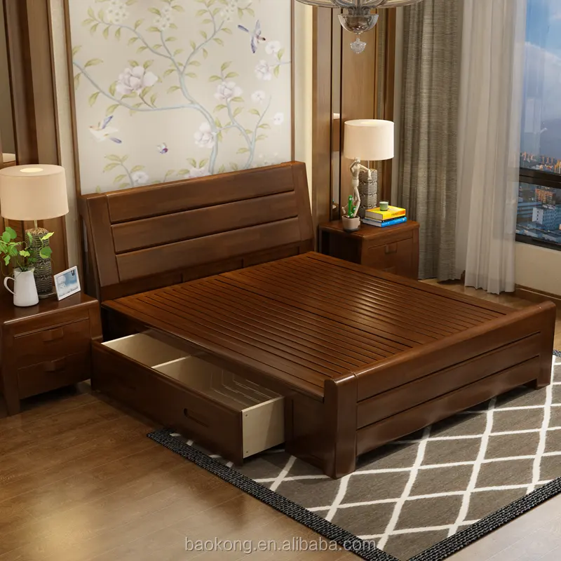 Muebles de dormitorio de nogal, cama doble de madera maciza con cajones