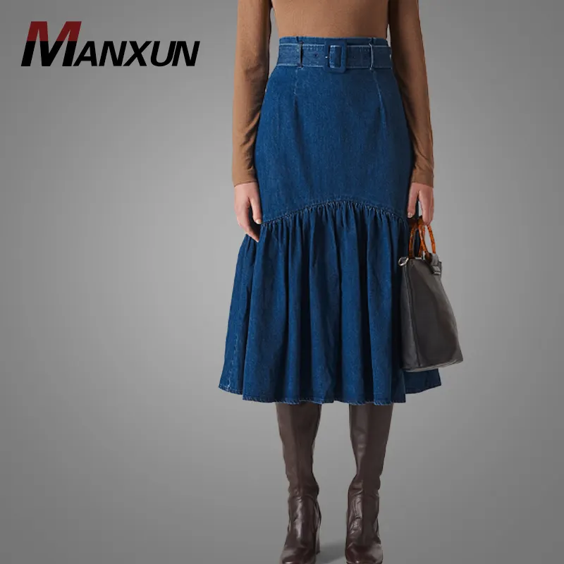 Hot Sale Women Fashion High Waist Cotton Long Jean Skirt Fancy Ruffle Skinny Bandage Long Denim Skirt For Women