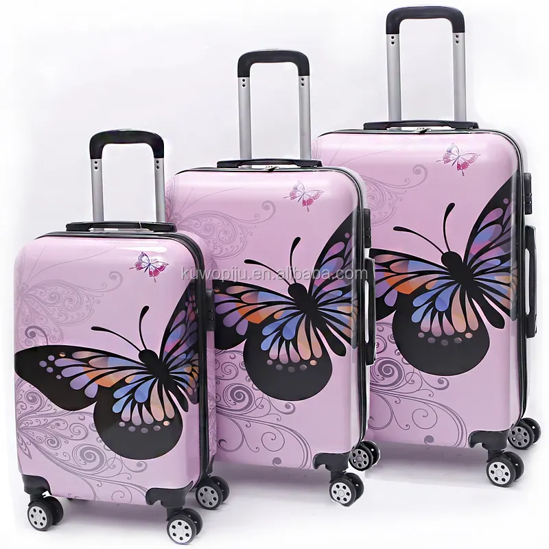 Funda dura de 3 piezas 4 ruedas mariposa impresa en maleta ABS PC mariposa estampado equipaje