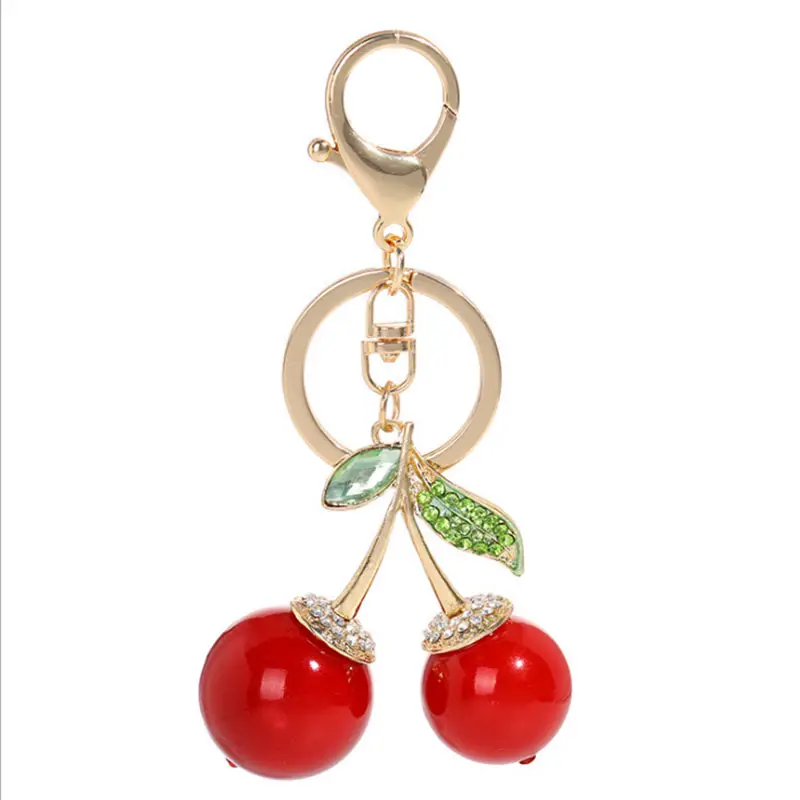 Wholesale custom 3d shiny rhinestone cherry fruits shape keychain