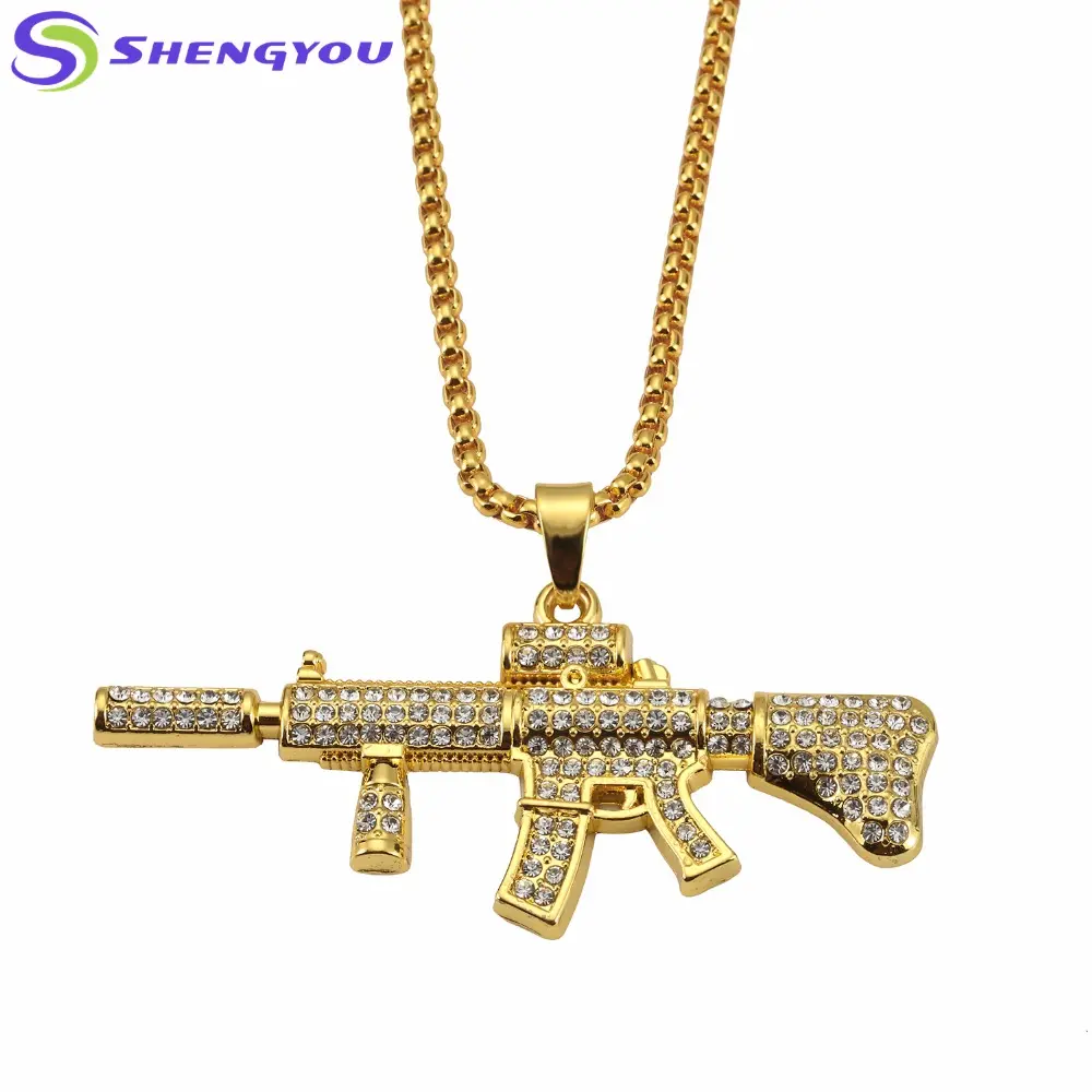 Bijoux à la mode Deux Couleurs M4 Carabine Pistolet Forme Plein Diamant Collier Pendentif