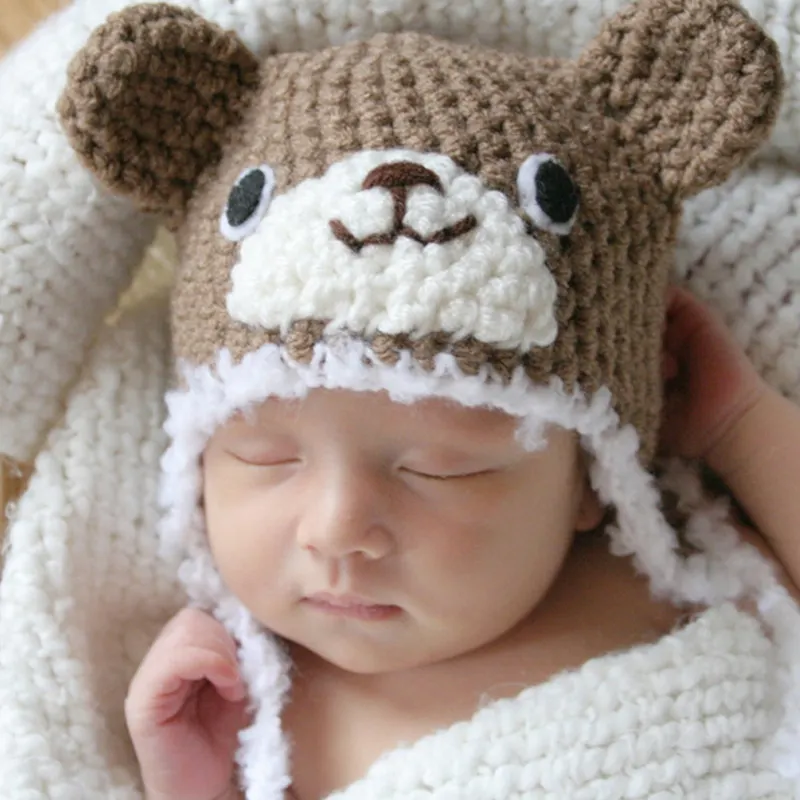 Tamaño bebé recién nacido oso sombrero de algodón infantil sombrero con ribete blanco sombrero del oído hecho a mano lindo bebé, apoyos de la foto de sombrero