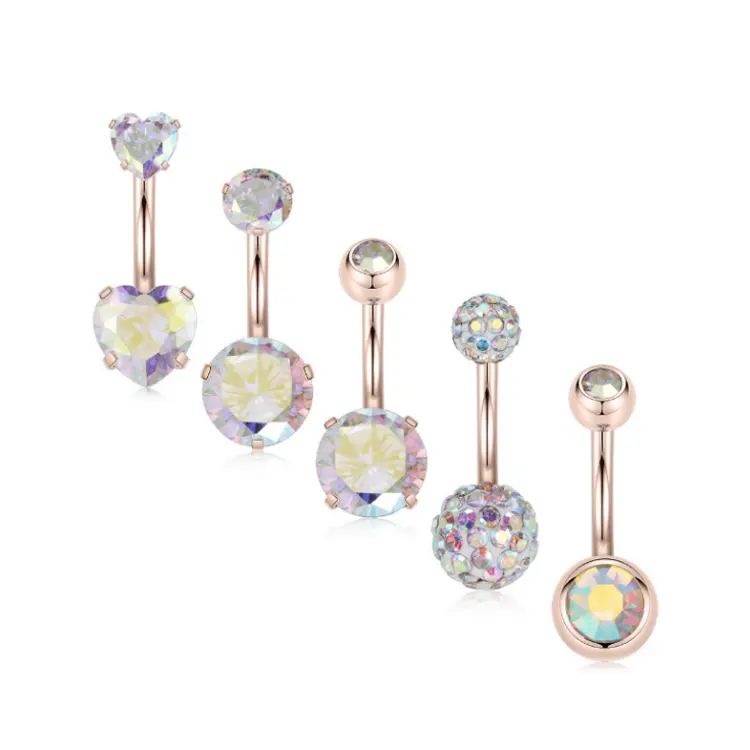 Assorties Rose Or En Acier Chirurgical CZ Double Gemmes Piercing Au Nombril Anneaux