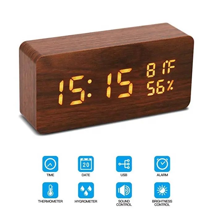 Horloge à LED Luminosité réglable Commande vocale Réveil en bois Horloge de bureau