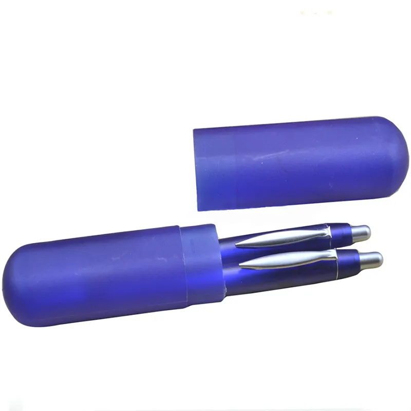 Conjunto de caneta de plástico e lápis mecânico, clipe de metal com estojo