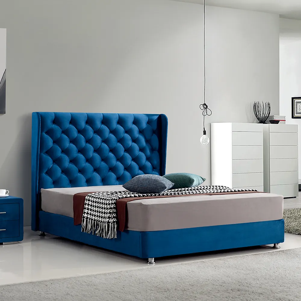 Muebles de dormitorio cómodos, camas dobles modernas, marco de cama suave de tela moderna, tamaño king y queen