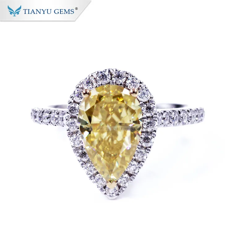 Tianyu personalizado 14k/18k ouro branco anel de 7*11mm pêra gelo picado amarelo corte moissanite lady casamento anel de noivado