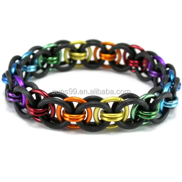 Pulseira correia de aço inoxidável, pulseira elástica de arco-íris preto de borracha com correia elástica