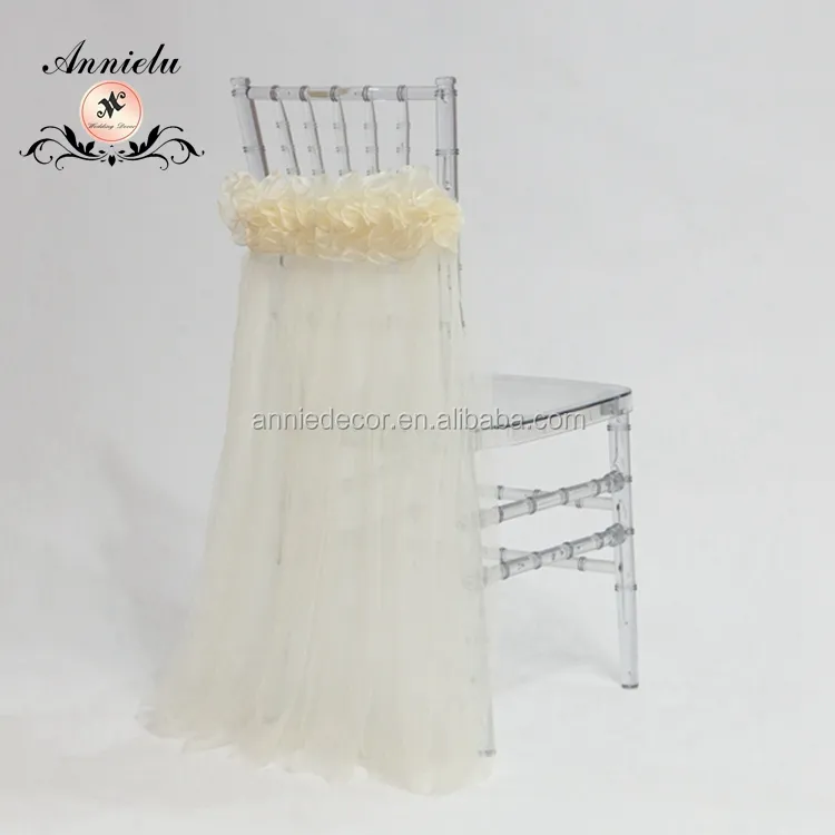 Fancy-organza de remolino de marfil con malla, fajas para silla de boda