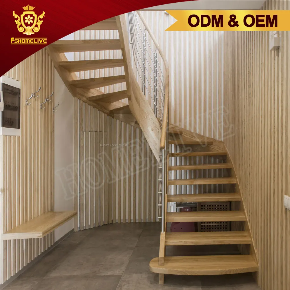 Conception d'escaliers ouverts avec main courante en bois, balustrade en acier inoxydable, escaliers droits mono stringer